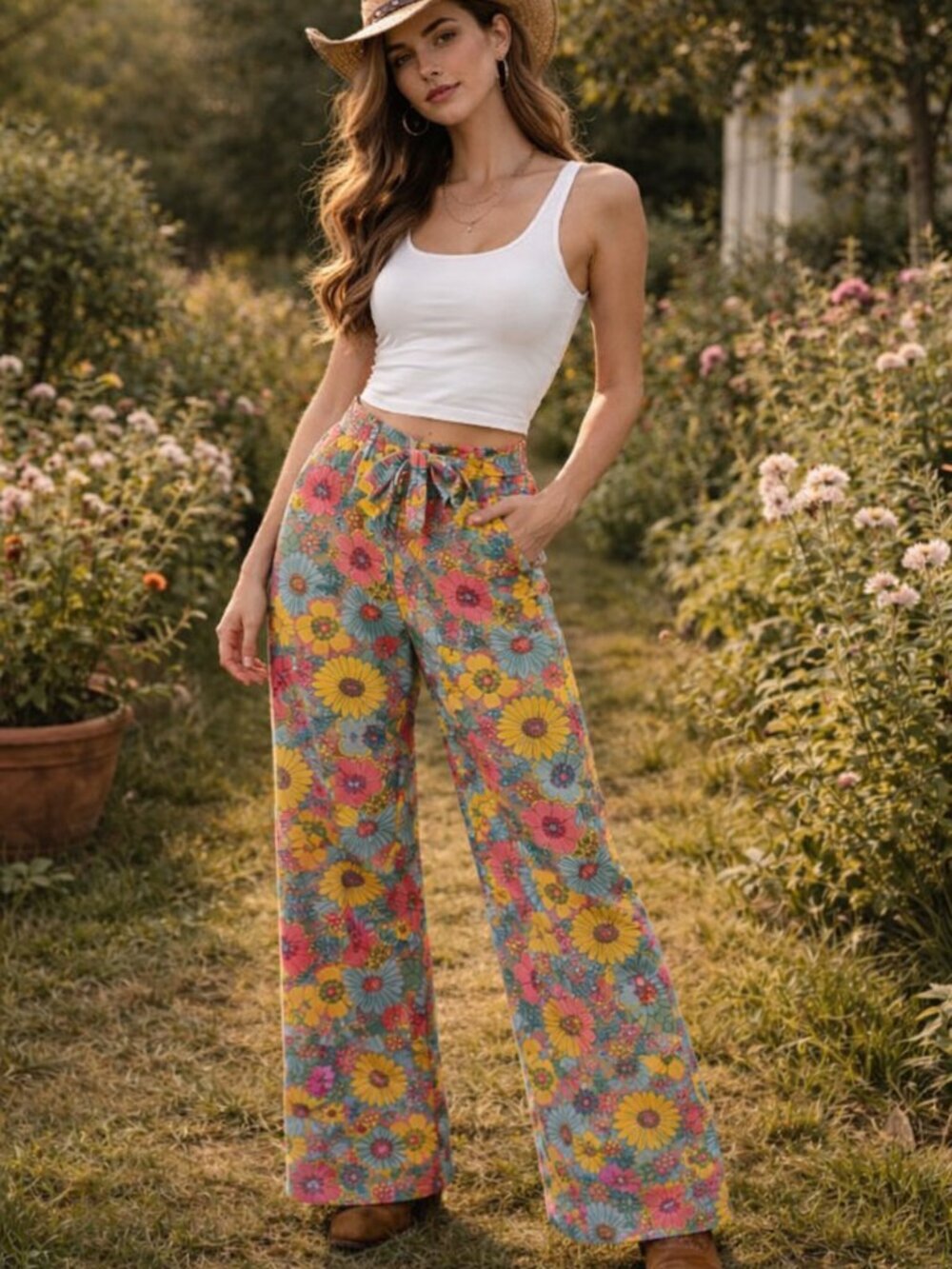 One Clothing Retro Wildflower Tie Paper bag Waist Pants | Boho Size XS